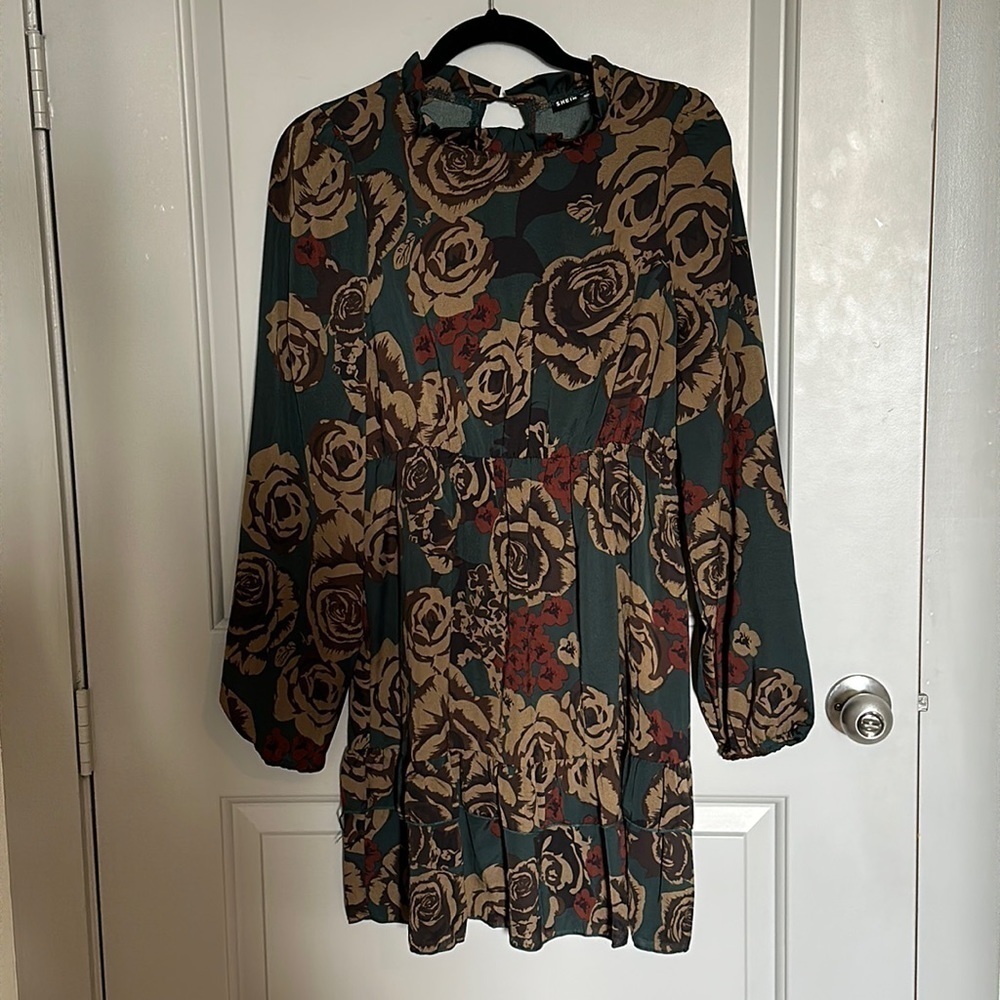SHEIN Floral Long Sleeve Dress - Green and Brown
